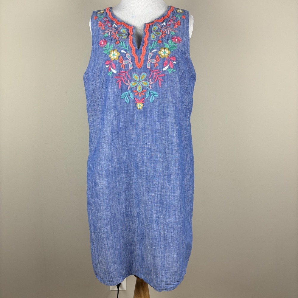 Talbots Dress 10 Blue Floral Embroidered Linen Cotton Shift Chambray Split Neck
